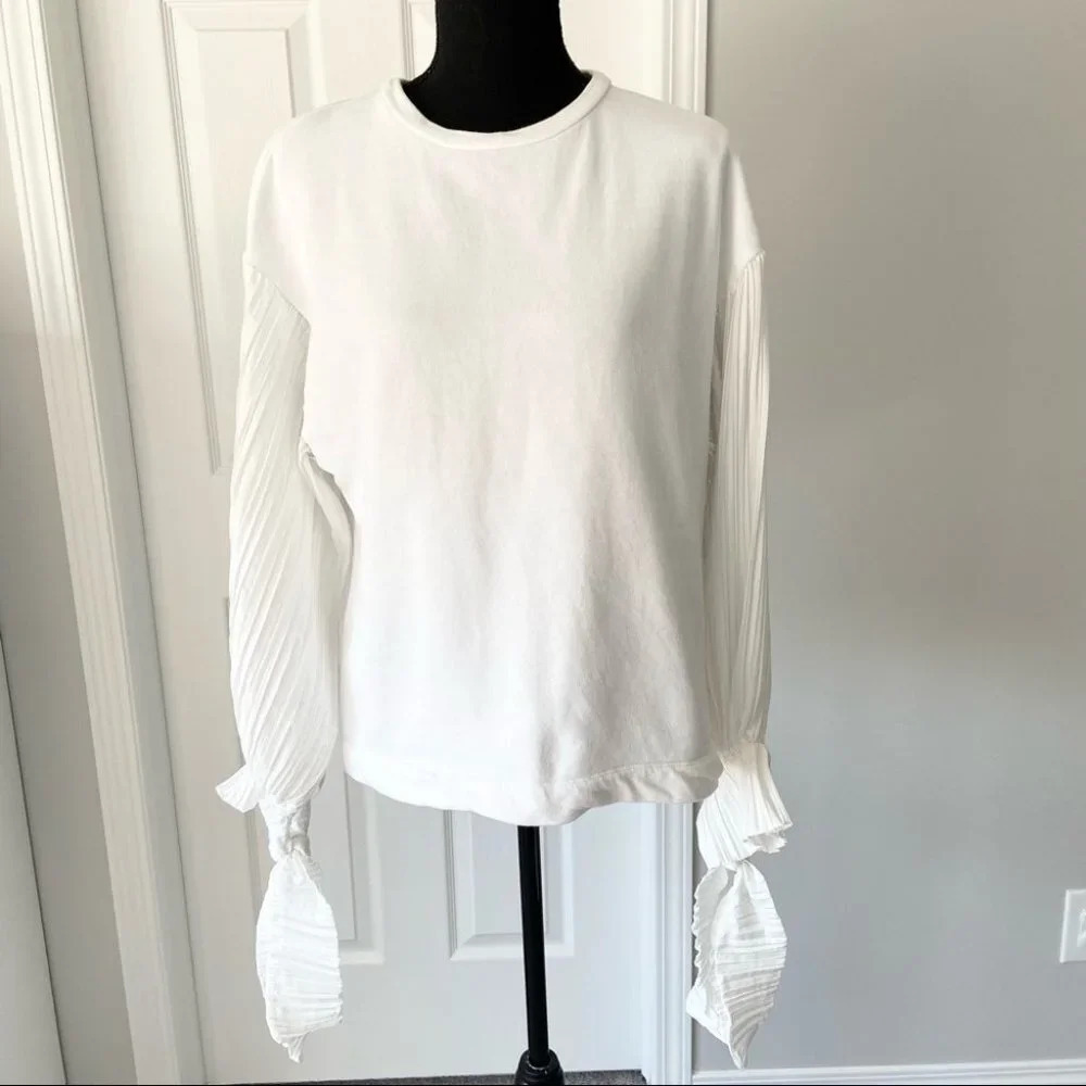 Zara White Sweatshirt  With Contrasting Pleated Tie Up Sleeve Hems